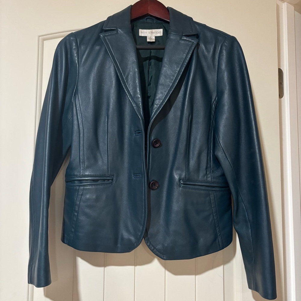Petite Sophisticate Blue Leather Blazer Women’s Small Old Money Business Casual